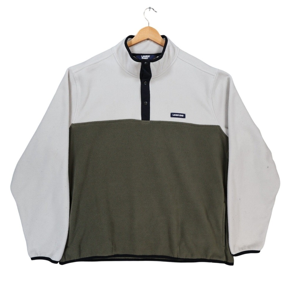 Lands End Fleece Pullover Mens XXL Cream Green Excellent Colorblock Snap Neck